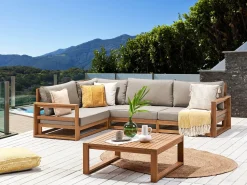 New Beliani Set di divani angolari da giardino 4 posti TIMOR Modulare Legno di acacia certificato Marrone chiaro Beige Marrone Grigio