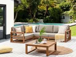 New Beliani Set di divani angolari da giardino 4 posti TIMOR Modulare Legno di acacia certificato Marrone chiaro Beige Marrone Grigio