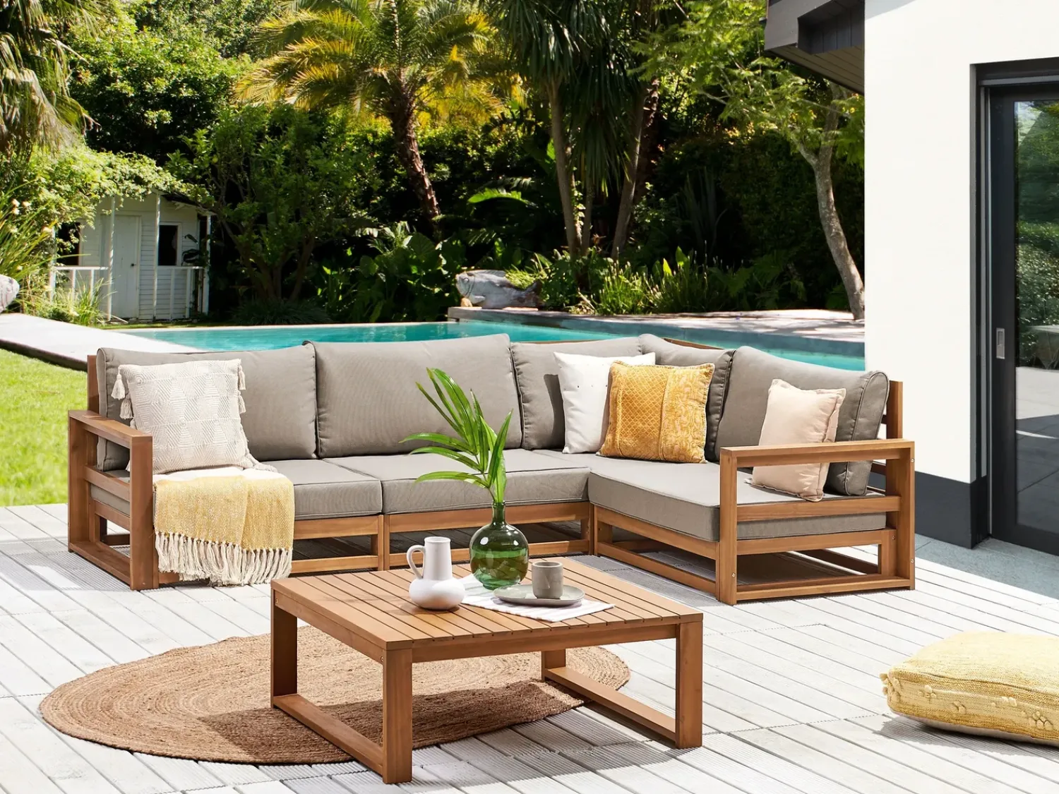 Hot Beliani Set di divani angolari da giardino 4 posti TIMOR Modulare Legno di acacia certificato Marrone chiaro Beige Marrone Grigio