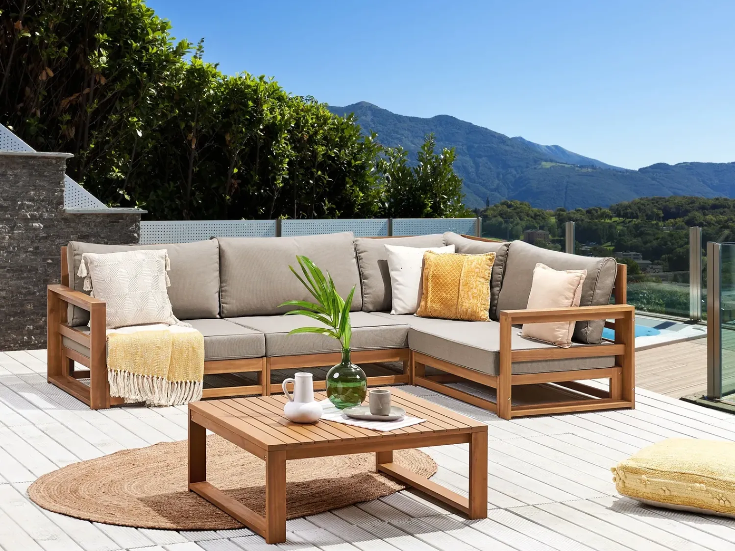 Hot Beliani Set di divani angolari da giardino 4 posti TIMOR Modulare Legno di acacia certificato Marrone chiaro Beige Marrone Grigio