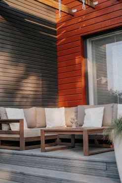 Discount Beliani Set di divani angolari da giardino 5 posti TIMOR Modulare Legno di acacia certificato Marrone scuro Beige Grigio Marrone