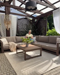 Discount Beliani Set di divani angolari da giardino 5 posti TIMOR Modulare Legno di acacia certificato Marrone scuro Beige Grigio Marrone