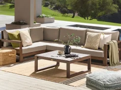New Beliani Set di divani angolari da giardino 4 posti TIMOR Modulare Legno di acacia certificato Marrone scuro Beige Grigio Marrone