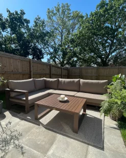 New Beliani Set di divani angolari da giardino 4 posti TIMOR Modulare Legno di acacia certificato Marrone scuro Beige Grigio Marrone