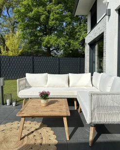 Online Beliani Set di divani angolari da giardino 5 posti ALCAMO Lato Sinistro Legno d'acacia Beige chiaro Beige Bianco Marrone