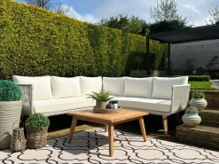 Online Beliani Set di divani angolari da giardino 5 posti ALCAMO Lato Sinistro Legno d'acacia Beige chiaro Beige Bianco Marrone