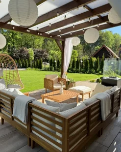 Sale Beliani Set di divani angolari da giardino 4 posti BARATTI Lato Sinistro Legno d'acacia Marrone Beige Marrone