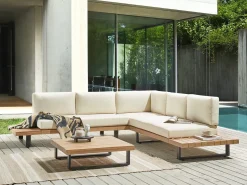 Hot Beliani Set di divani angolari da giardino 5 posti MYKONOS Lato destro Legno di acacia certificato Bianco sporco Bianco Marrone