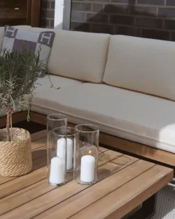 Hot Beliani Set di divani angolari da giardino 5 posti MYKONOS Lato destro Legno di acacia certificato Bianco sporco Bianco Marrone