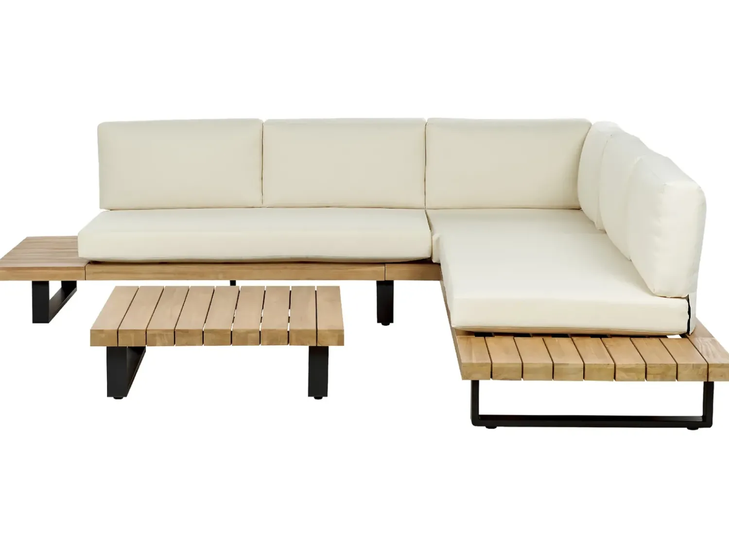 Hot Beliani Set di divani angolari da giardino 5 posti MYKONOS Lato destro Legno di acacia certificato Bianco sporco Bianco Marrone