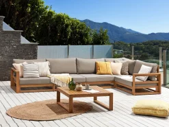 New Beliani Set di divani angolari da giardino 5 posti TIMOR Modulare Legno di acacia certificato Marrone chiaro Beige Grigio Marrone