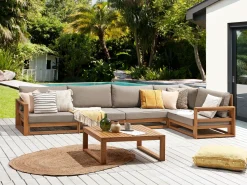 New Beliani Set di divani angolari da giardino 5 posti TIMOR Modulare Legno di acacia certificato Marrone chiaro Beige Grigio Marrone