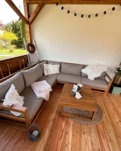 New Beliani Set di divani angolari da giardino 5 posti TIMOR Modulare Legno di acacia certificato Marrone chiaro Beige Grigio Marrone