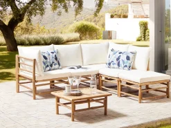 Clearance Beliani Set di divani angolari da giardino 5 posti CERRETO Lato Sinistro Bambù Bianco sporco Bianco Marrone