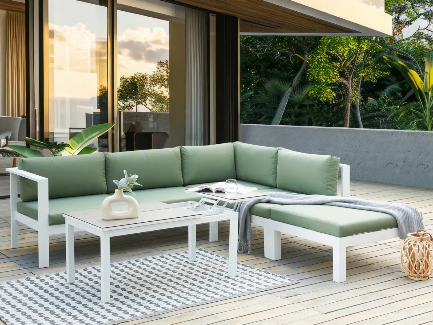 Sale Beliani Set di divani angolari da giardino 5 posti MESSINA Lato Sinistro Metallo Verde Bianco Grigio Verde