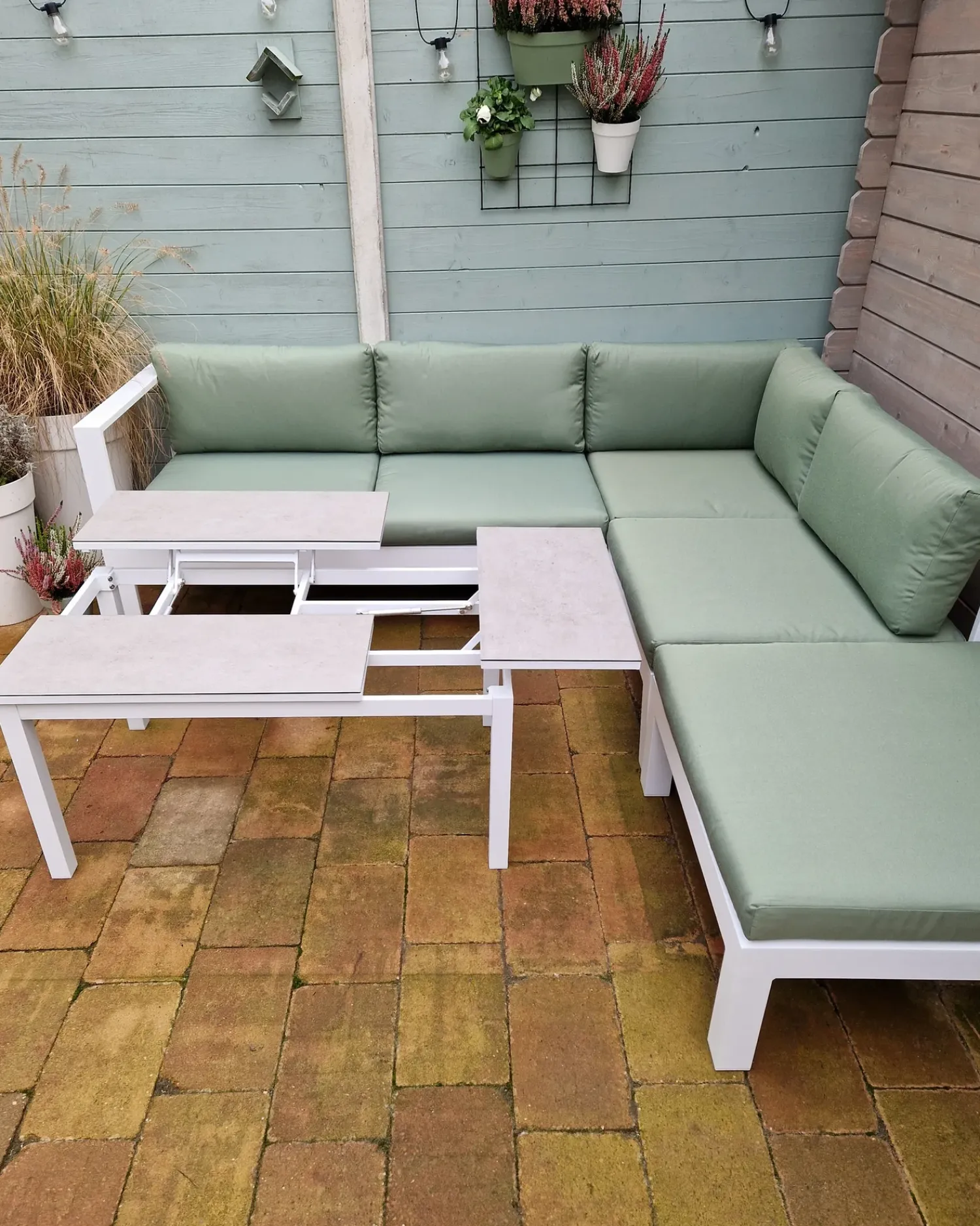 Sale Beliani Set di divani angolari da giardino 5 posti MESSINA Lato Sinistro Metallo Verde Bianco Grigio Verde