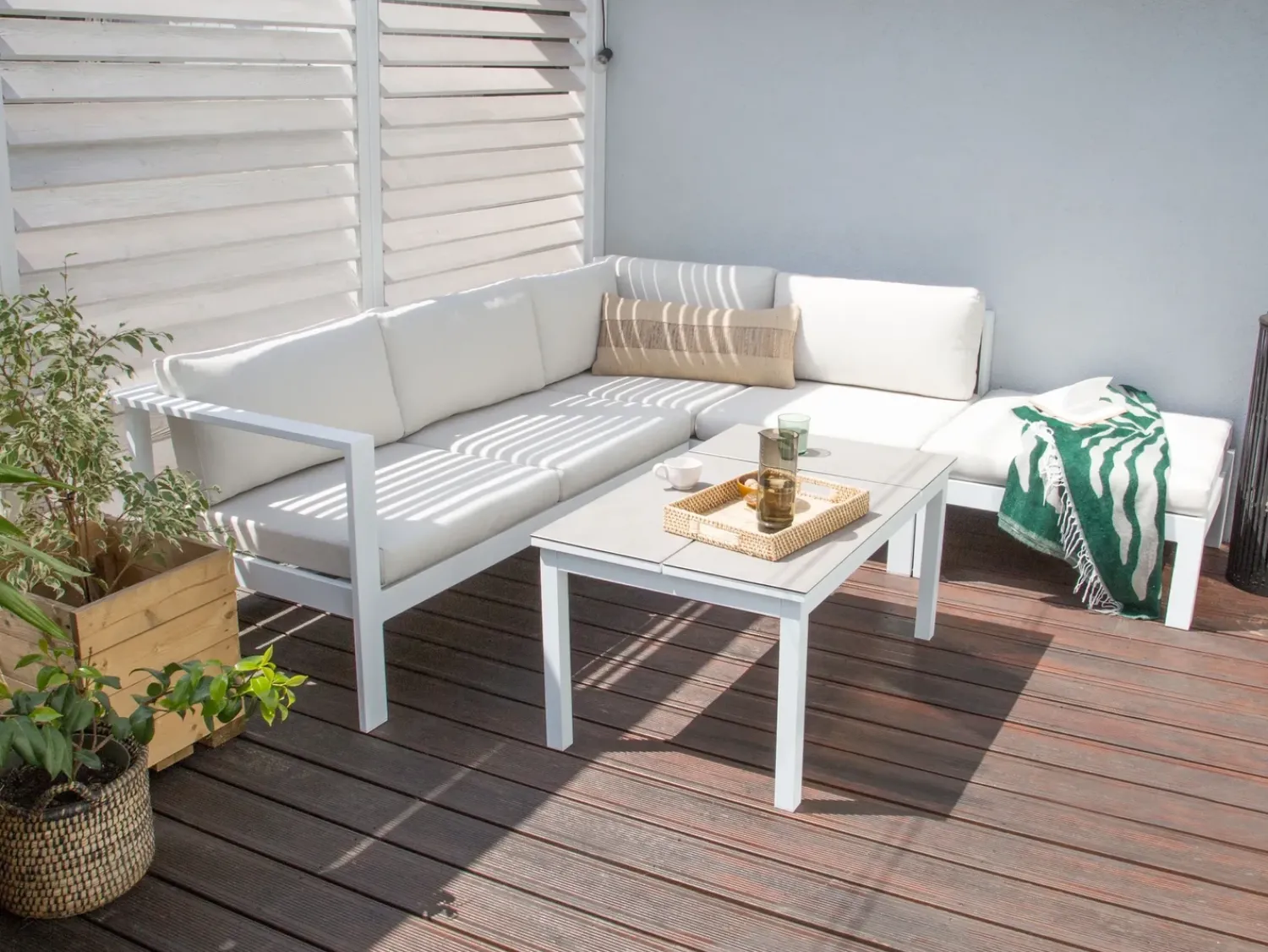 Outlet Beliani Set di divani angolari da giardino 5 posti MESSINA Lato Sinistro Metallo Bianco sporco Bianco Grigio
