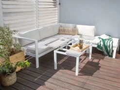 Outlet Beliani Set di divani angolari da giardino 5 posti MESSINA Lato Sinistro Metallo Bianco sporco Bianco Grigio