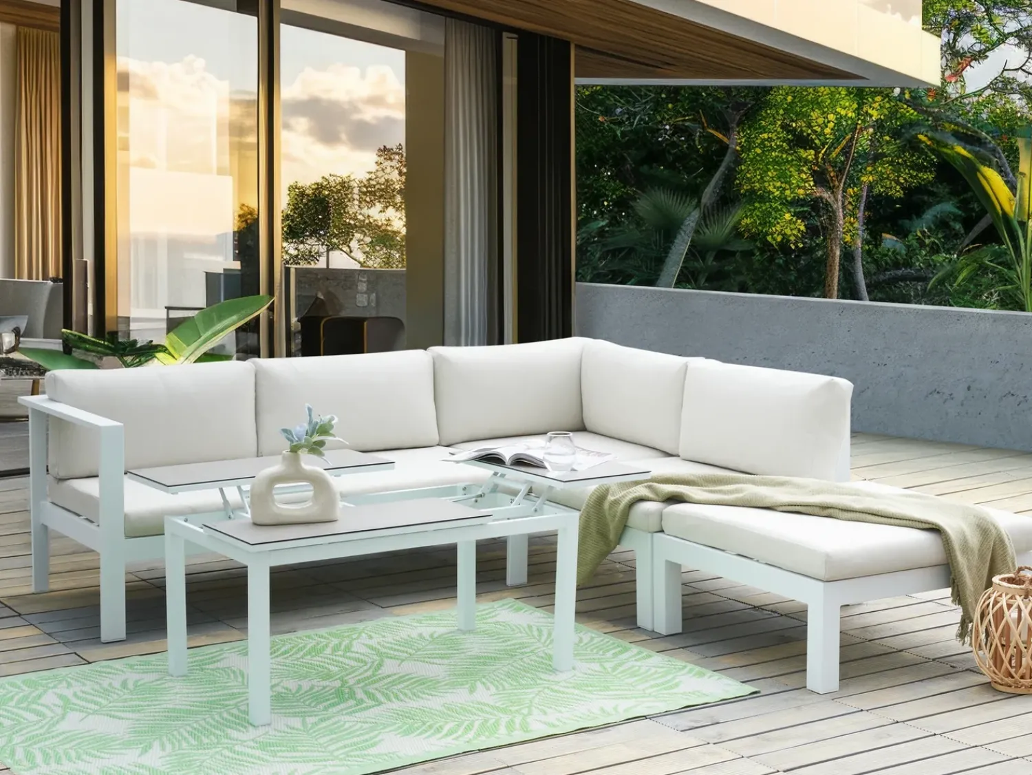 Outlet Beliani Set di divani angolari da giardino 5 posti MESSINA Lato Sinistro Metallo Bianco sporco Bianco Grigio