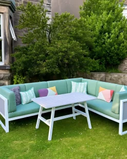 Outlet Beliani Set di divani angolari da giardino 6 posti CASTELLA/FRATTE Lato Sinistro Metallo Verde Bianco Grigio Verde