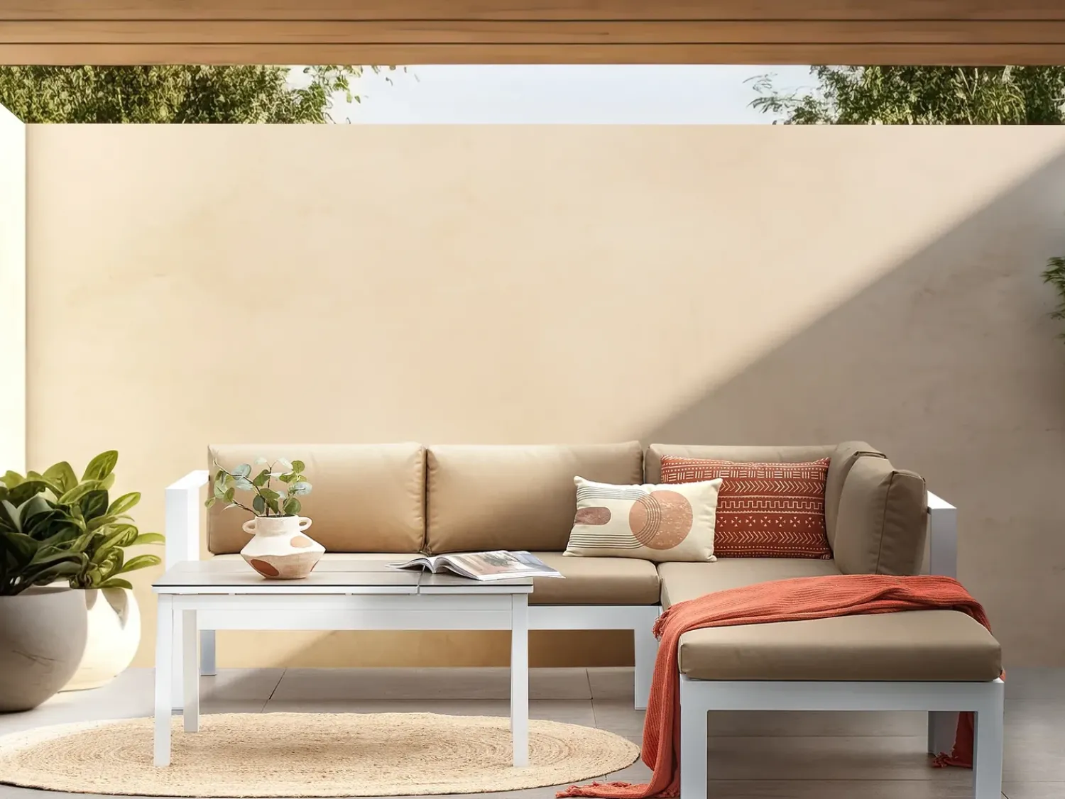 Sale Beliani Set di divani angolari da giardino 5 posti MESSINA Lato Sinistro Metallo Beige sabbia Bianco Beige Grigio
