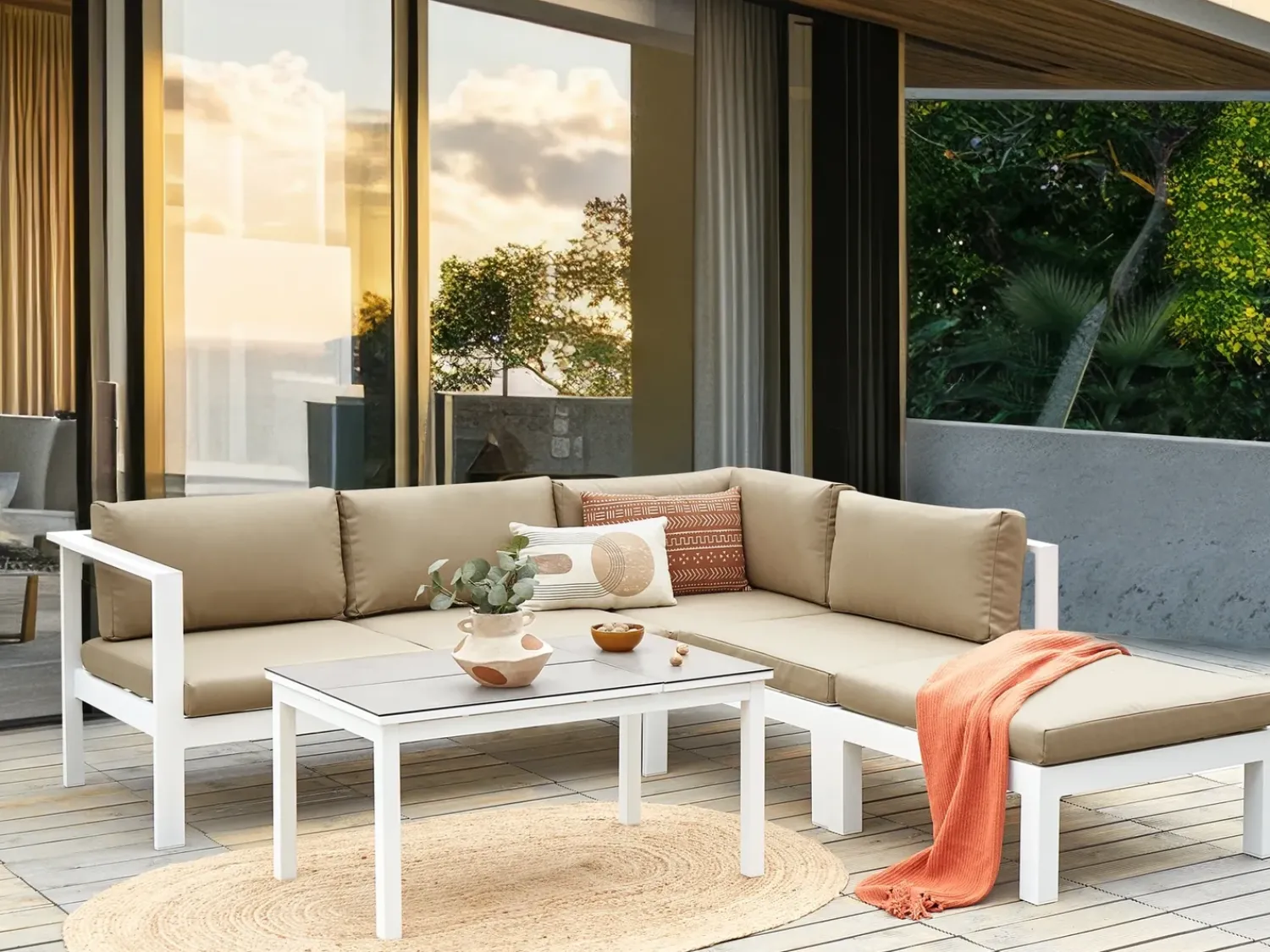 Sale Beliani Set di divani angolari da giardino 5 posti MESSINA Lato Sinistro Metallo Beige sabbia Bianco Beige Grigio