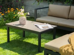 Beliani Set di divani angolari da giardino 5 posti MESSINA Lato Sinistro Metallo Beige sabbia Beige Nero