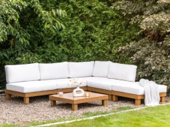 Hot Beliani Set di divani angolari da giardino 5 posti SANZA Lato Sinistro Modulare Metallo Bianco Bianco Marrone