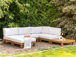 Hot Beliani Set di divani angolari da giardino 5 posti SANZA Lato Sinistro Modulare Metallo Bianco Bianco Marrone