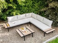 Online Beliani Set di divani angolari da giardino 5 posti BELLARIVA Legno d'eucalipto Bianco sporco Bianco Marrone Nero