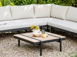 Online Beliani Set di divani angolari da giardino 5 posti BELLARIVA Legno d'eucalipto Bianco sporco Bianco Marrone Nero