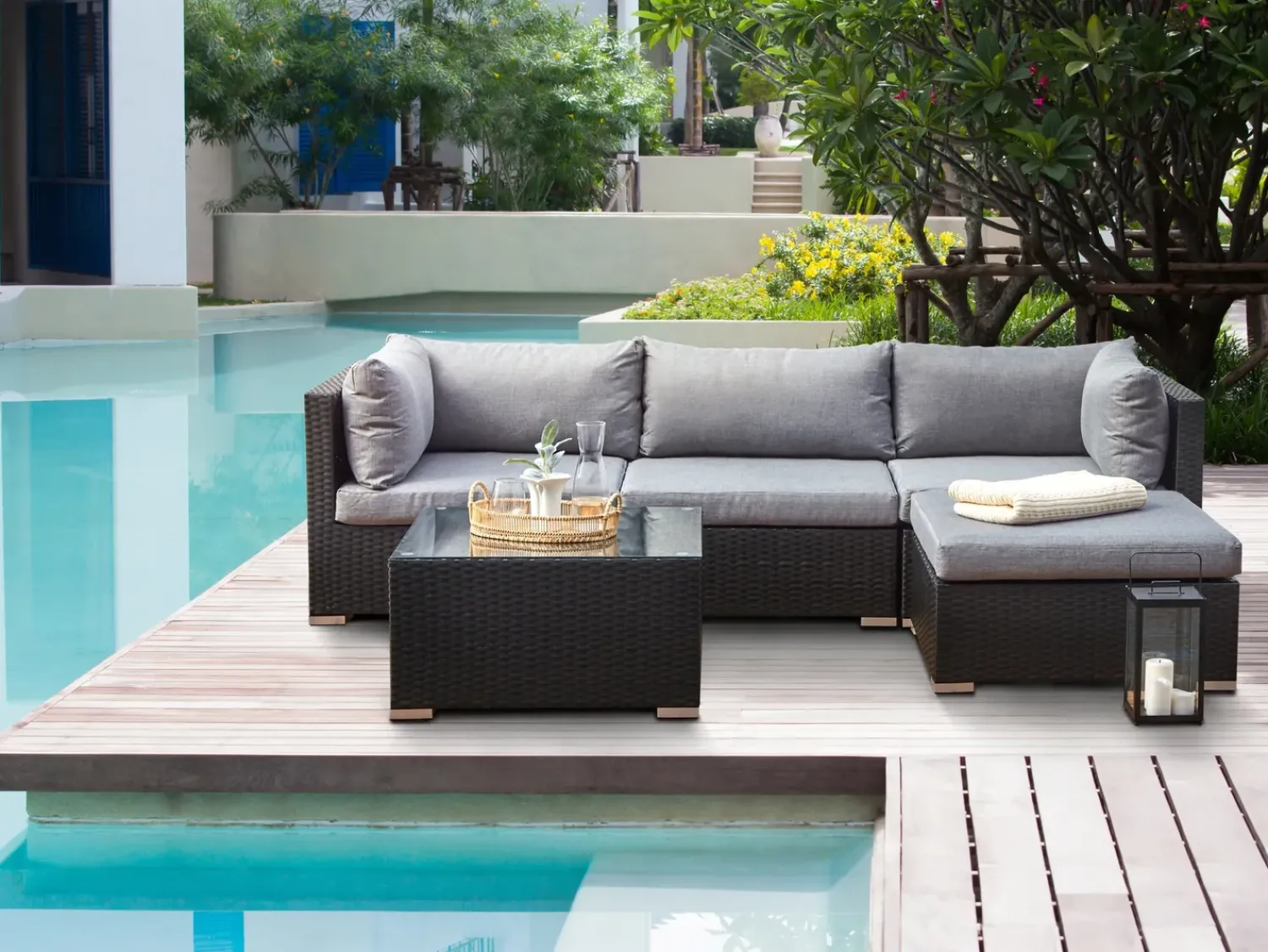Online Beliani Set di divani angolari da giardino 4 posti SANO Rattan sintetico (PE) Nero Grigio Nero