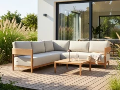 Best Beliani Set di divani angolari da giardino 5 posti SAMPIERI Lato Sinistro Metallo Marrone chiaro Beige Marrone