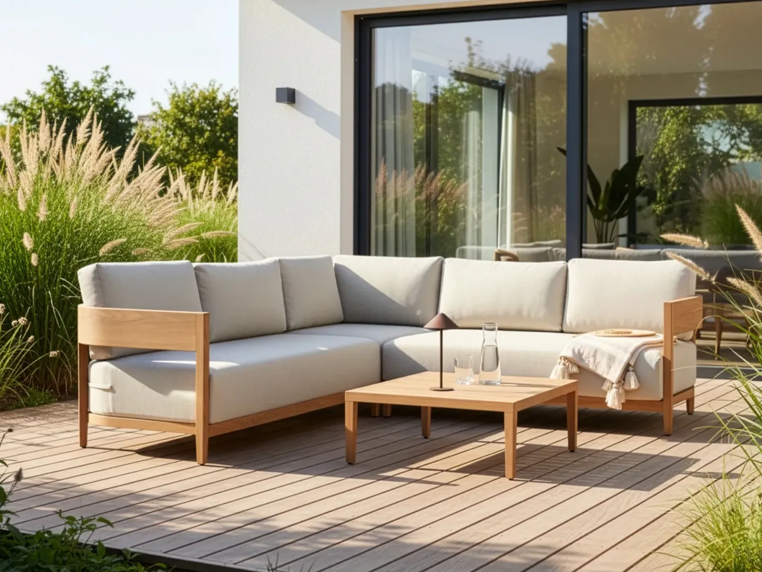 Best Beliani Set di divani angolari da giardino 5 posti SAMPIERI Lato Sinistro Metallo Marrone chiaro Beige Marrone
