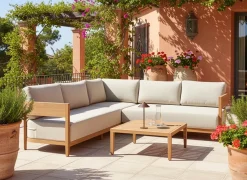 Best Beliani Set di divani angolari da giardino 5 posti SAMPIERI Lato Sinistro Metallo Marrone chiaro Beige Marrone
