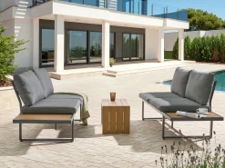 New Beliani Set di divani angolari da giardino 4 posti PIENZA Lato Sinistro Marrone chiaro/Grigio Marrone Grigio Nero