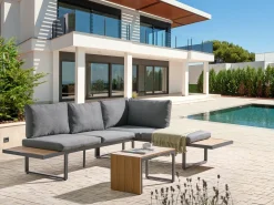 New Beliani Set di divani angolari da giardino 4 posti PIENZA Lato Sinistro Marrone chiaro/Grigio Marrone Grigio Nero