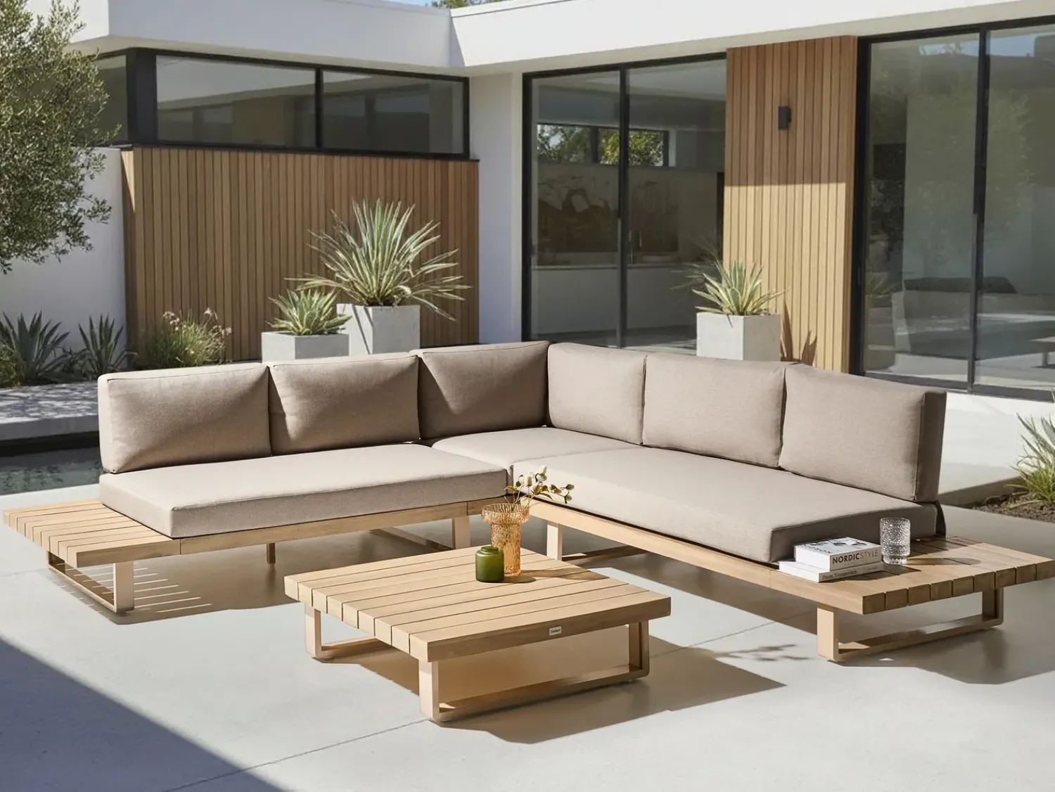 Discount Beliani Set di divani angolari da giardino 5 posti MYKONOS Lato destro Legno di acacia certificato Tortora Beige Marrone