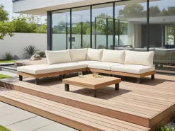 Best Beliani Set di divani angolari da giardino 5 posti FRAZZANO Legno di acacia certificato Bianco sporco Bianco Marrone