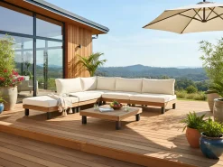Best Beliani Set di divani angolari da giardino 5 posti FRAZZANO Legno di acacia certificato Bianco sporco Bianco Marrone