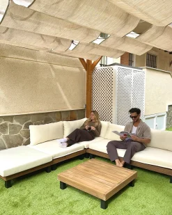Best Beliani Set di divani angolari da giardino 5 posti FRAZZANO Legno di acacia certificato Bianco sporco Bianco Marrone