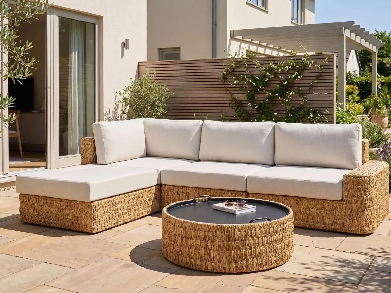 Sale Beliani Set di divani angolari da giardino 4 posti OLIVERI Rattan sintetico (PE) Beige Beige Naturale