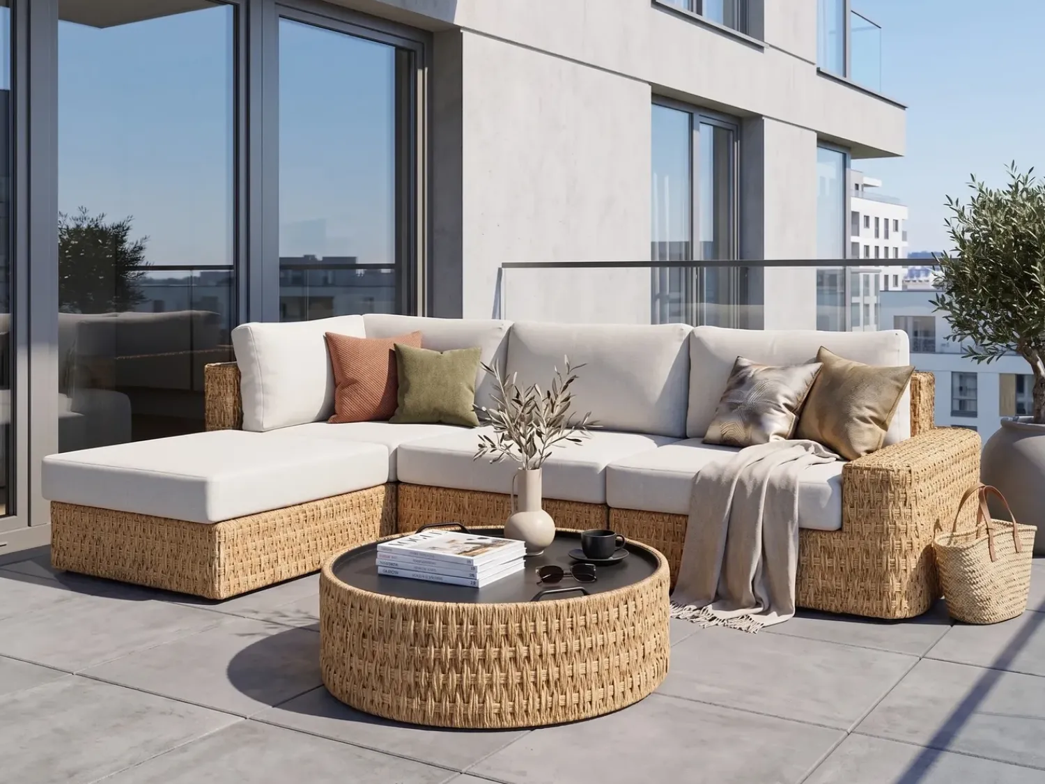 Sale Beliani Set di divani angolari da giardino 4 posti OLIVERI Rattan sintetico (PE) Beige Beige Naturale