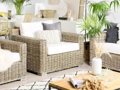 Discount Beliani Set di divani da giardino 4 posti ARDEA Rattan Marrone chiaro Bianco Naturale