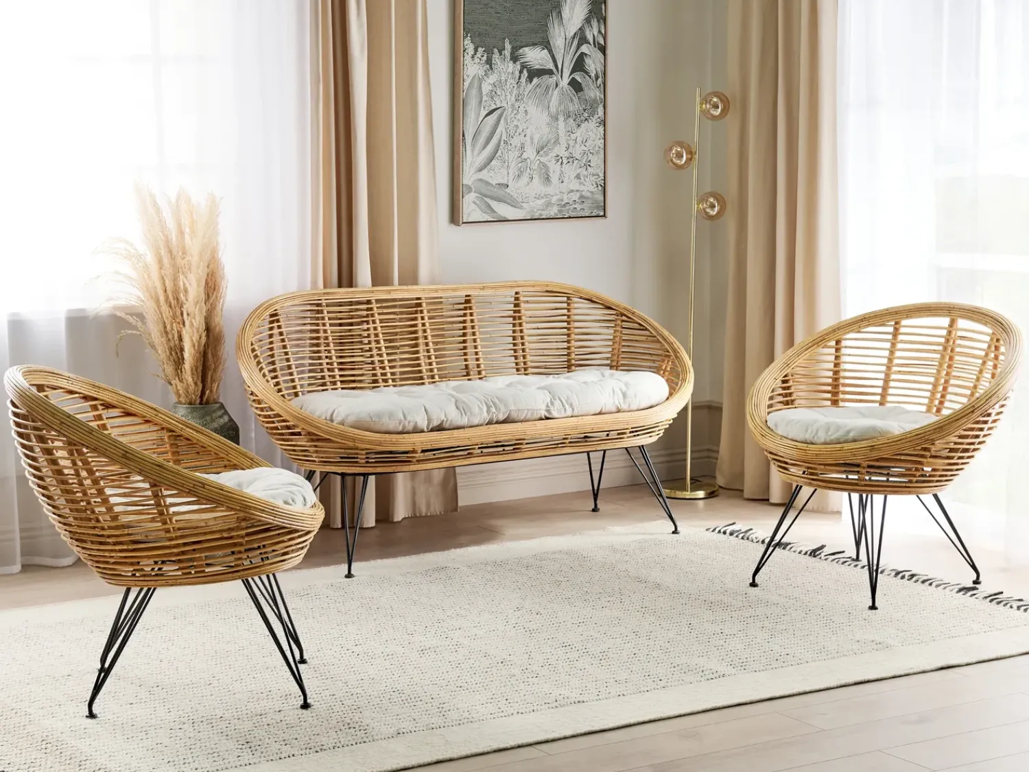 New Beliani Set di divani da giardino 4 posti MARATEA Rattan Naturale Beige Naturale Nero