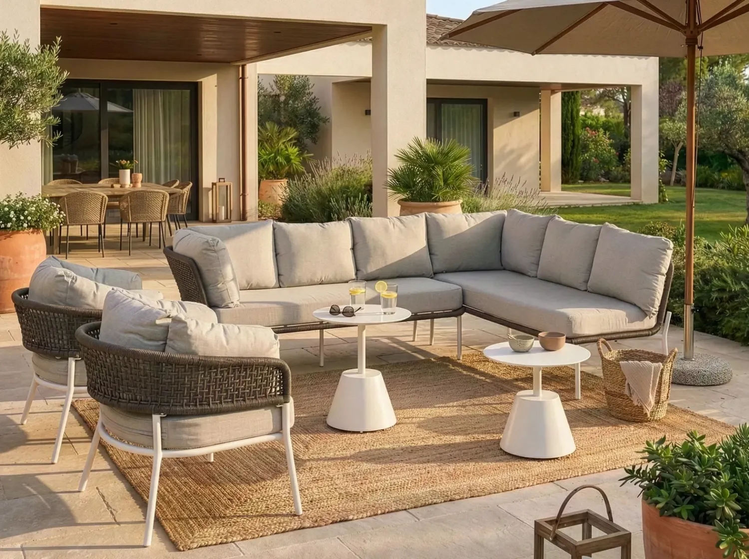 Beliani Set di divani da giardino 7 posti ROBELLA con tavoli Beige Bianco Beige Marrone
