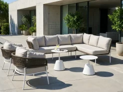 Beliani Set di divani da giardino 7 posti ROBELLA con tavoli Beige Bianco Beige Marrone
