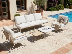 Online Beliani Set di divani da giardino 5 posti VENARIA con tavoli Metallo Beige/Bianco Bianco Beige