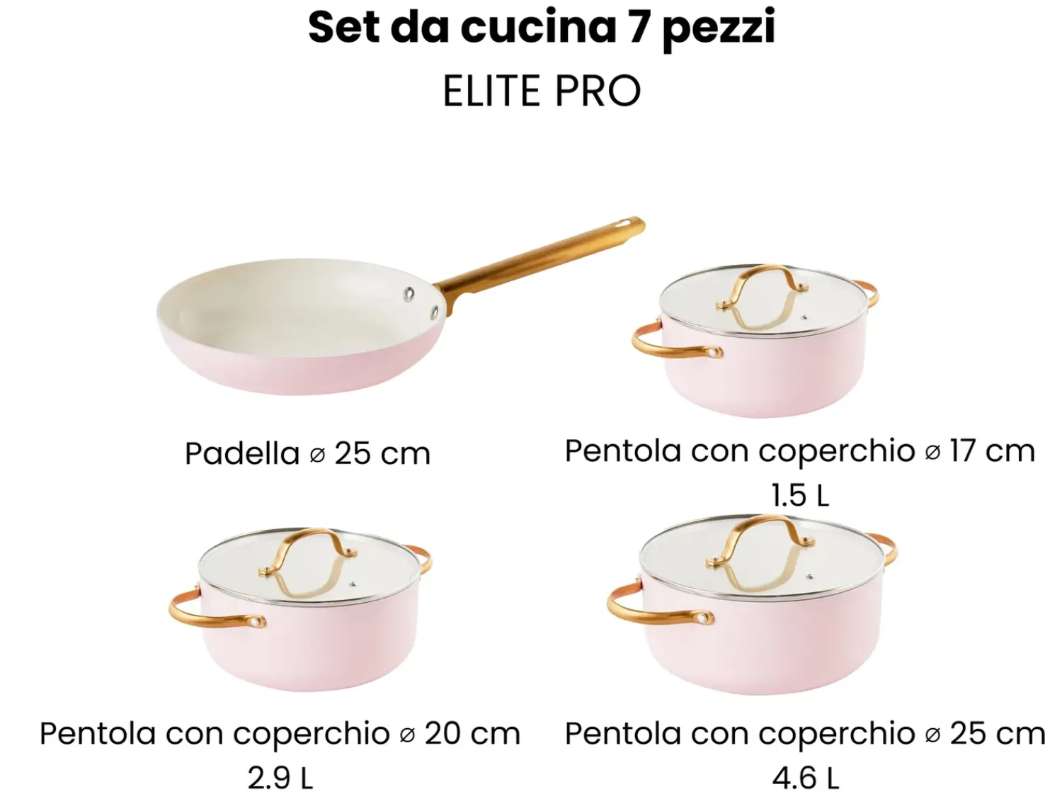Clearance Beliani Set di 7 padelle ELITE PRO Rosa pastello Bianco Oro Rosa
