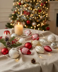 Sale Beliani Set di 50 palline decorative SNOWFLAKE Vetro Rosso/Bianco Bianco Rosso